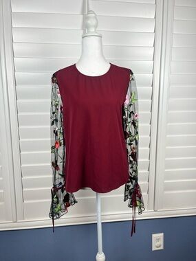 Sace Embroidered Mesh-Sleeve Blouse in Burgundy size L coquette soft romantic